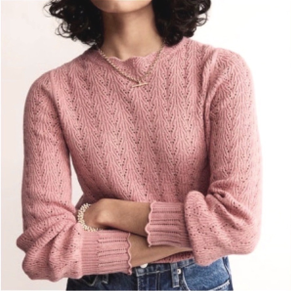 Boden Pink Pointelle Knit Sweater Ruffle Cuff Crew Neck US 8 UK 12